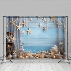 Aperturee Aperturee Coastal Summer Photography Backdrop Beach Scene with Starfish and Lanterns Blue Wood Wall Photo Prop Decor