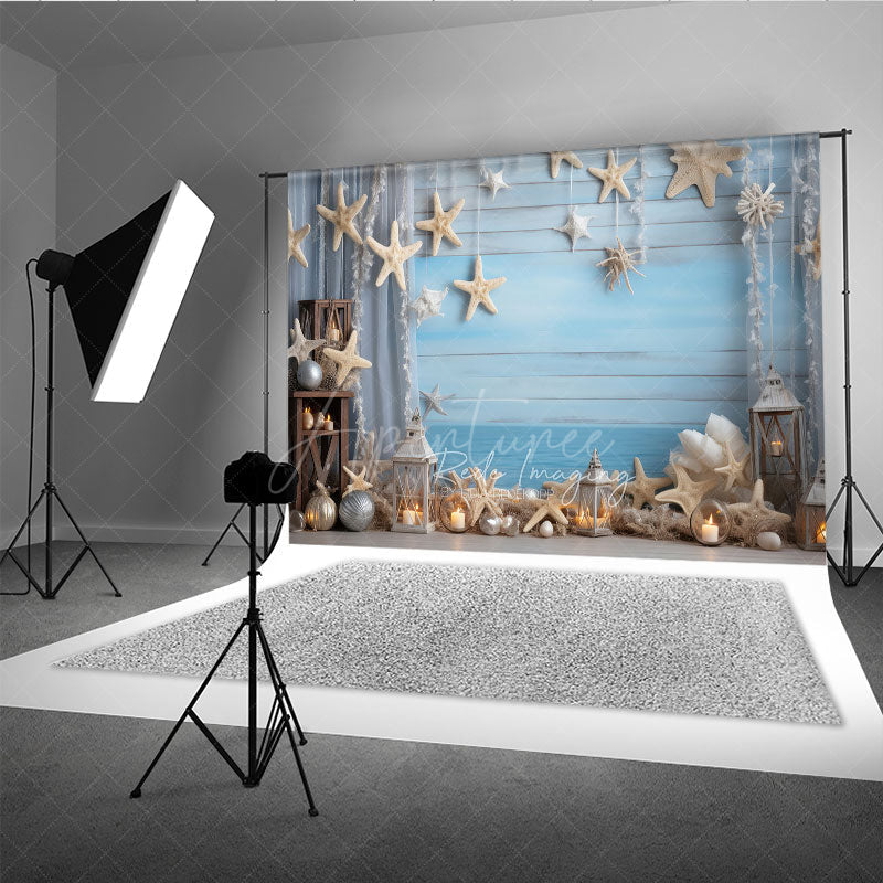 Aperturee Aperturee Coastal Summer Photography Backdrop Beach Scene with Starfish and Lanterns Blue Wood Wall Photo Prop Decor