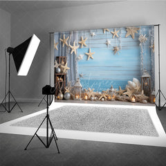 Aperturee Aperturee Coastal Summer Photography Backdrop Beach Scene with Starfish and Lanterns Blue Wood Wall Photo Prop Decor