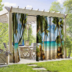 Aperturee - Aperturee Coconut Beach Waterproof Printed Outdoor Curtains