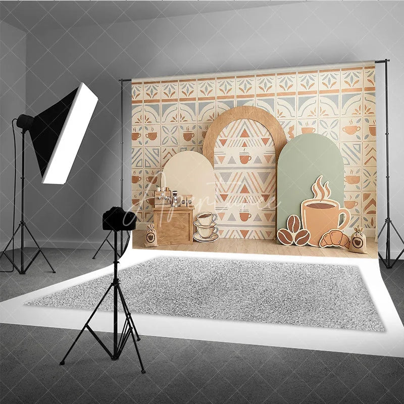 Aperturee - Aperturee Coffee Shop Cafe Photography Backdrop with Tile Pattern Geometric Arches and Coffee Cups for Baby Shower Birthday