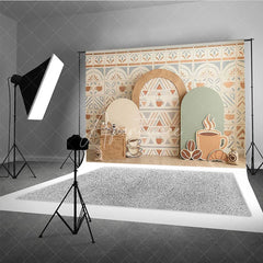 Aperturee - Aperturee Coffee Shop Cafe Photography Backdrop with Tile Pattern Geometric Arches and Coffee Cups for Baby Shower Birthday