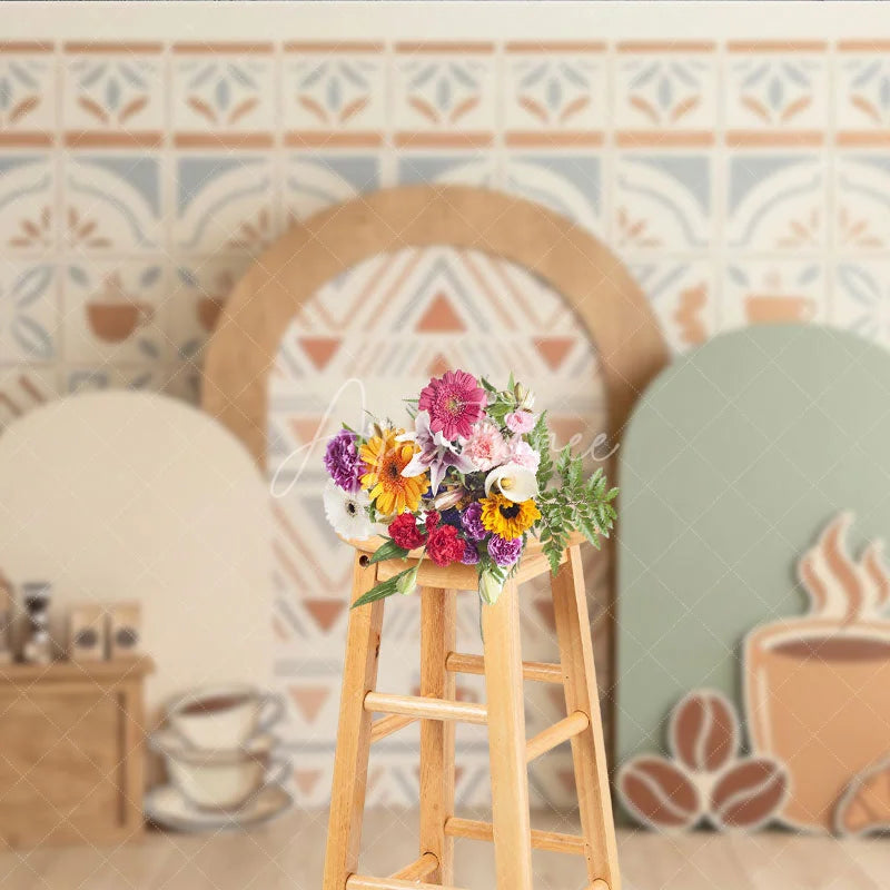 Aperturee - Aperturee Coffee Shop Cafe Photography Backdrop with Tile Pattern Geometric Arches and Coffee Cups for Baby Shower Birthday