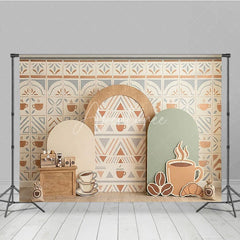 Aperturee - Aperturee Coffee Shop Cafe Photography Backdrop with Tile Pattern Geometric Arches and Coffee Cups for Baby Shower Birthday