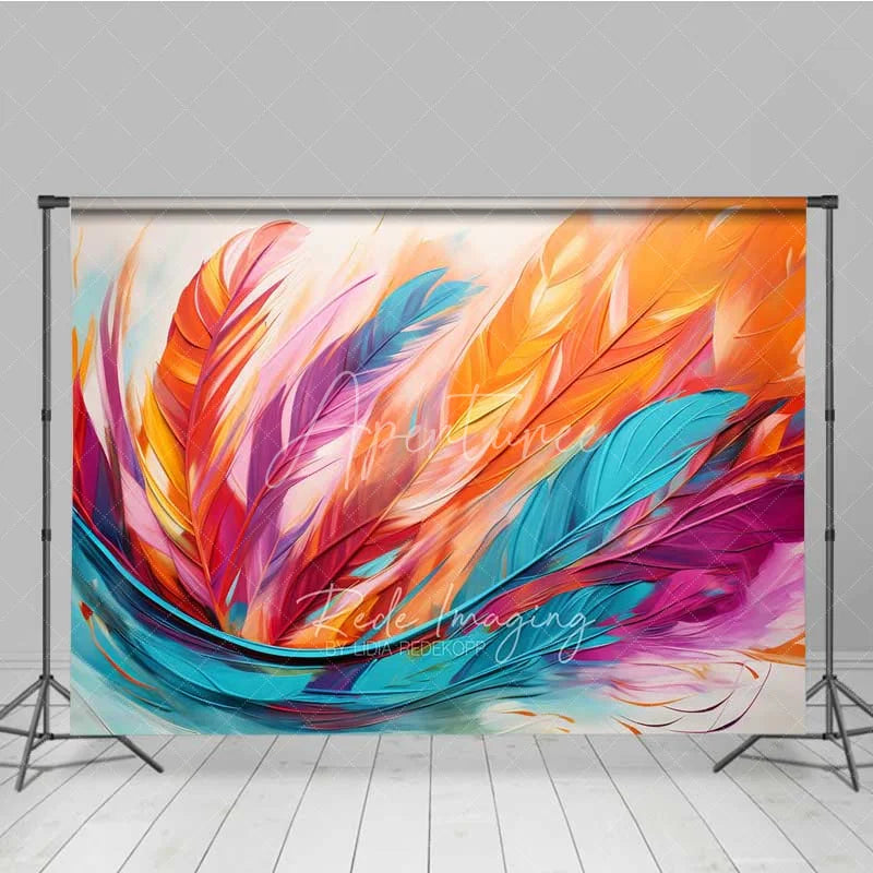 Aperturee - Aperturee Colorful Abstract Feather Photography Backdrop Orange Pink Teal Texture Photo Background Modern Art Swirl Photo Booth