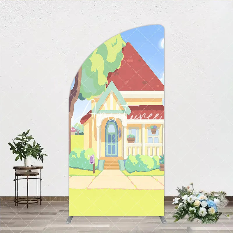 Aperturee - Aperturee Colorful Animated House with Red Roof Yellow Walls Half Moon Arch Backdrop Playful Children’s Birthday Party Decor