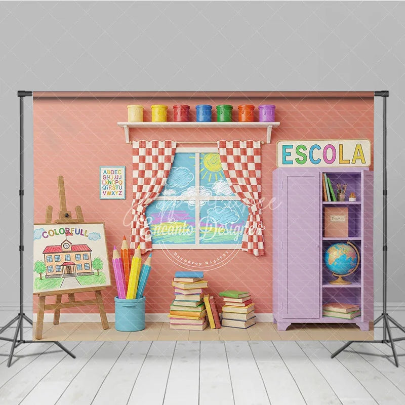 Aperturee - Aperturee Colorful Art Classroom Back To School Backdrop Purple Cabinet Easel Window Background Student Photography Prop