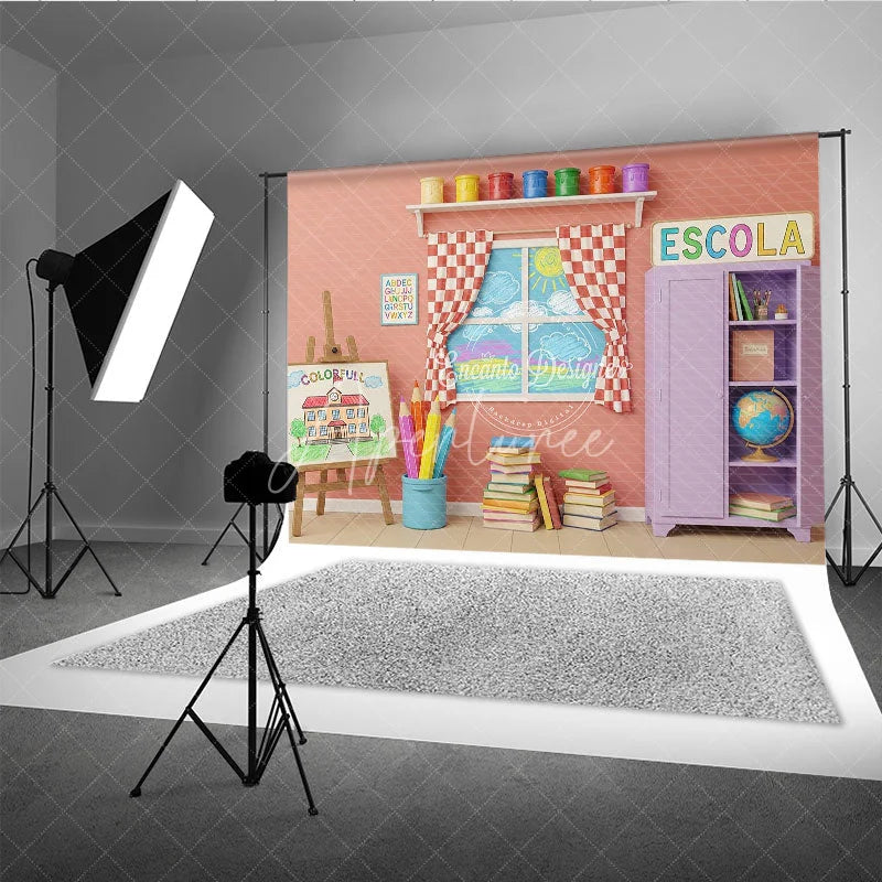 Aperturee - Aperturee Colorful Art Classroom Back To School Backdrop Purple Cabinet Easel Window Background Student Photography Prop