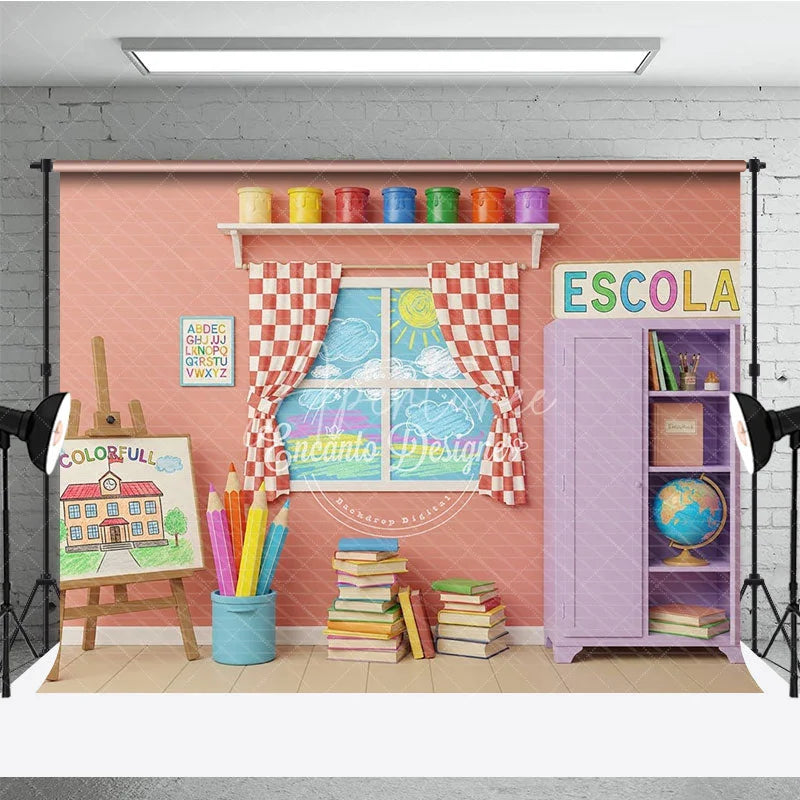 Aperturee - Aperturee Colorful Art Classroom Back To School Backdrop Purple Cabinet Easel Window Background Student Photography Prop