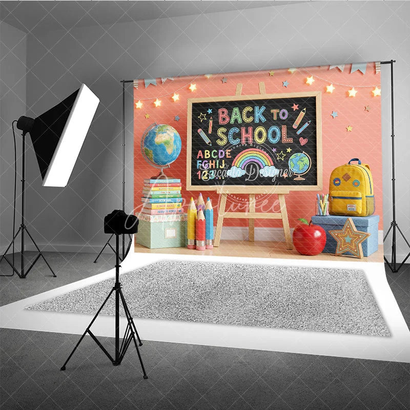 Aperturee - Aperturee Colorful Back to School Blackboard Photography Backdrop with Globe Books and Pencils for Kids’ Educational Photos