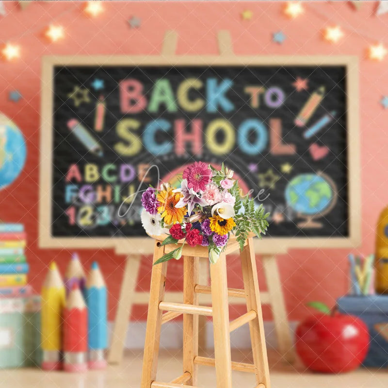 Aperturee - Aperturee Colorful Back to School Blackboard Photography Backdrop with Globe Books and Pencils for Kids’ Educational Photos