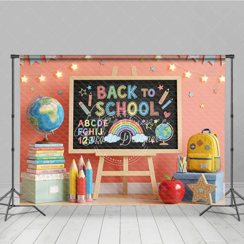 Aperturee - Aperturee Colorful Back to School Blackboard Photography Backdrop with Globe Books and Pencils for Kids’ Educational Photos