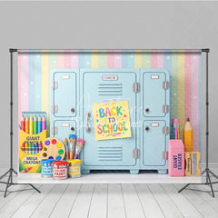 Aperturee - Aperturee Colorful Back to School Photography Backdrop Pastel Rainbow with School Lockers and Art Supplies for Kids