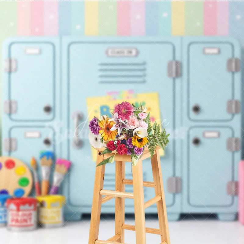 Aperturee - Aperturee Colorful Back to School Photography Backdrop Pastel Rainbow with School Lockers and Art Supplies for Kids