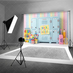 Aperturee - Aperturee Colorful Back to School Photography Backdrop Pastel Rainbow with School Lockers and Art Supplies for Kids