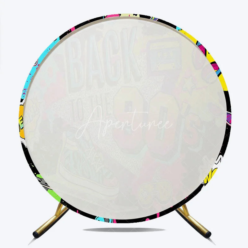 Aperturee - Aperturee Colorful Back to the 90s Round Backdrop with Skateboard Cassette and Neon Elements Retro Party Decor