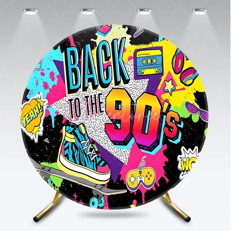 Aperturee - Aperturee Colorful Back to the 90s Round Backdrop with Skateboard Cassette and Neon Elements Retro Party Decor