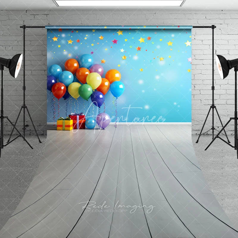 Aperturee - Aperturee Colorful Balloons and Stars Blue Wall Sweep Backdrop with Gift Boxes Wooden Floor for Birthday Party