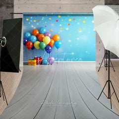 Aperturee - Aperturee Colorful Balloons and Stars Blue Wall Sweep Backdrop with Gift Boxes Wooden Floor for Birthday Party