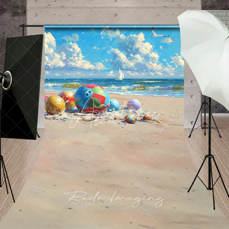 Aperturee - Aperturee Colorful Beach Balls Summer Photography Backdrop Ocean Waves and Sand Sweep Portrait Studio Background