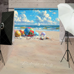 Aperturee - Aperturee Colorful Beach Balls Summer Photography Backdrop Ocean Waves and Sand Sweep Portrait Studio Background