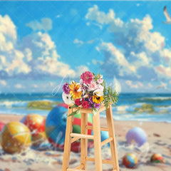 Aperturee - Aperturee Colorful Beach Balls Summer Photography Backdrop Ocean Waves Sailboats and Seagulls Background