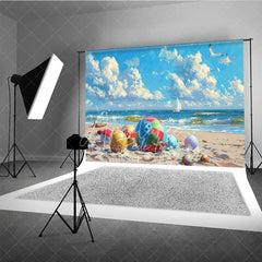 Aperturee - Aperturee Colorful Beach Balls Summer Photography Backdrop Ocean Waves Sailboats and Seagulls Background