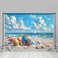 Aperturee - Aperturee Colorful Beach Balls Summer Photography Backdrop Ocean Waves Sailboats and Seagulls Background