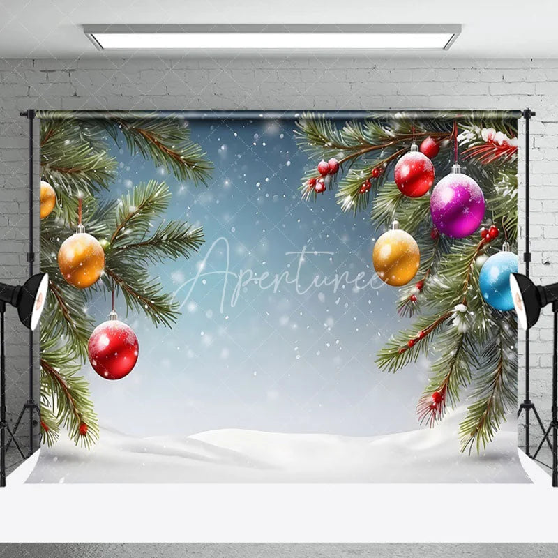 Aperturee - Aperturee Colorful Bells Pine Leaves Snowy Christmas Backdrop
