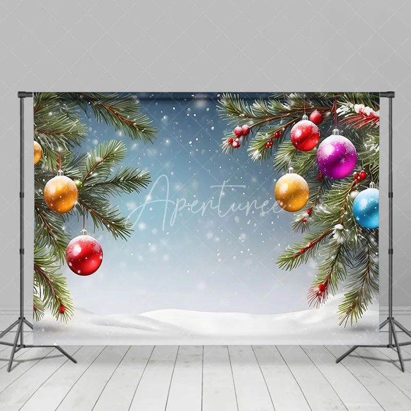 Aperturee - Aperturee Colorful Bells Pine Leaves Snowy Christmas Backdrop