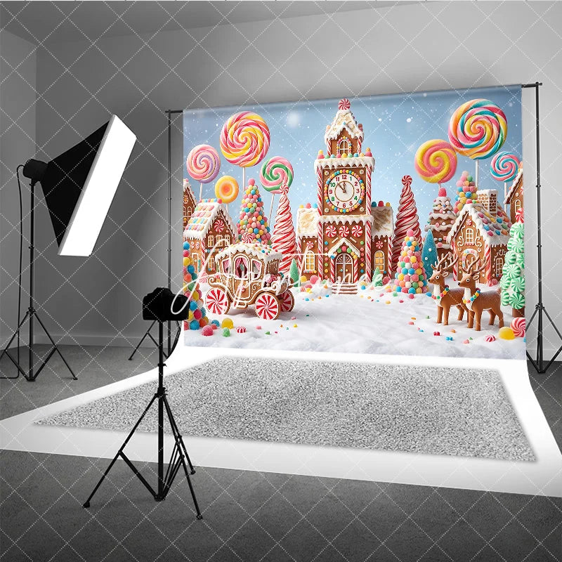 Aperturee - Aperturee Colorful Candy Land Gingerbread Village Photography Backdrop Sweet Lollipops and Reindeer for Christmas Winter Holiday