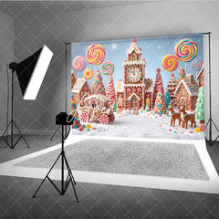 Aperturee - Aperturee Colorful Candy Land Gingerbread Village Photography Backdrop Sweet Lollipops and Reindeer for Christmas Winter Holiday