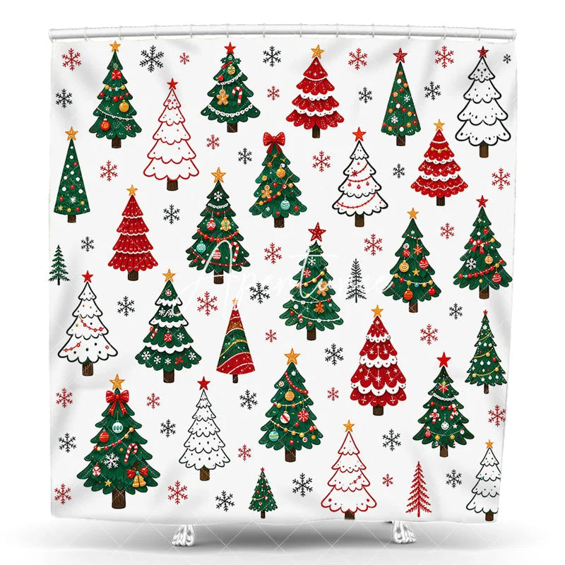 Aperturee - Aperturee Colorful Cartoon Christmas Tree and Snowflake Pattern Shower Curtain Festive Winter Holiday Bathroom Decor
