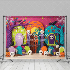 Aperturee - Aperturee Colorful Cartoon Halloween Graveyard Photography Backdrop with Spooky Trees Skulls and Pumpkins