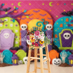 Aperturee - Aperturee Colorful Cartoon Halloween Graveyard Photography Backdrop with Spooky Trees Skulls and Pumpkins