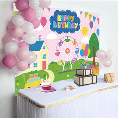Aperturee - Aperturee Colorful Cartoon Happy Birthday Ferris Wheel Backdrop Whimsical House Car Balloons Kids Party Decor