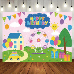 Aperturee - Aperturee Colorful Cartoon Happy Birthday Ferris Wheel Backdrop Whimsical House Car Balloons Kids Party Decor