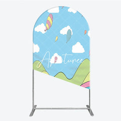 Aperturee - Aperturee Colorful Cartoon Sky with Floating Balloons and Whimsical Hills Round Top Arch Backdrop for Kids Birthday Party