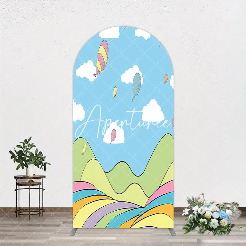 Aperturee - Aperturee Colorful Cartoon Sky with Floating Balloons and Whimsical Hills Round Top Arch Backdrop for Kids Birthday Party