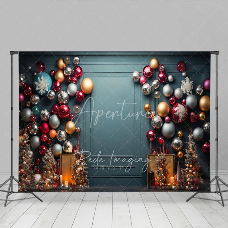 Aperturee - Aperturee Colorful Christmas Ornament Wall Photography Backdrop Elegant Teal Background Modern Holiday Party Photo Booth