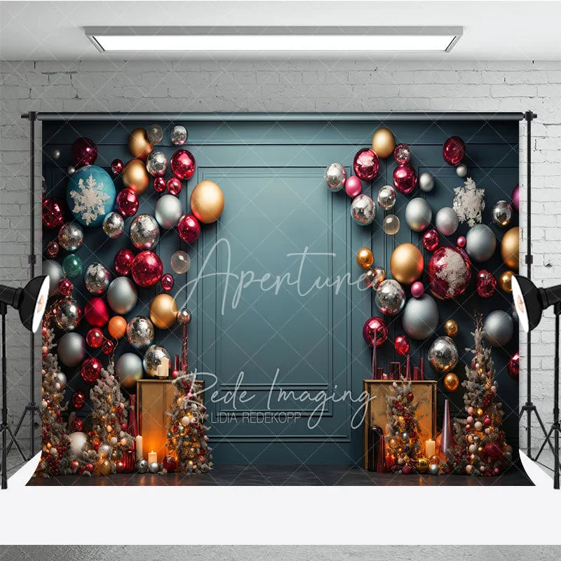 Aperturee - Aperturee Colorful Christmas Ornament Wall Photography Backdrop Elegant Teal Background Modern Holiday Party Photo Booth