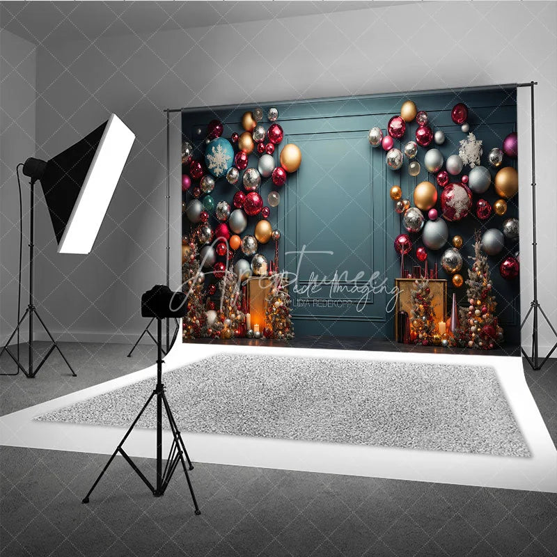 Aperturee - Aperturee Colorful Christmas Ornament Wall Photography Backdrop Elegant Teal Background Modern Holiday Party Photo Booth