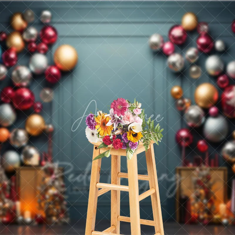 Aperturee - Aperturee Colorful Christmas Ornament Wall Photography Backdrop Elegant Teal Background Modern Holiday Party Photo Booth