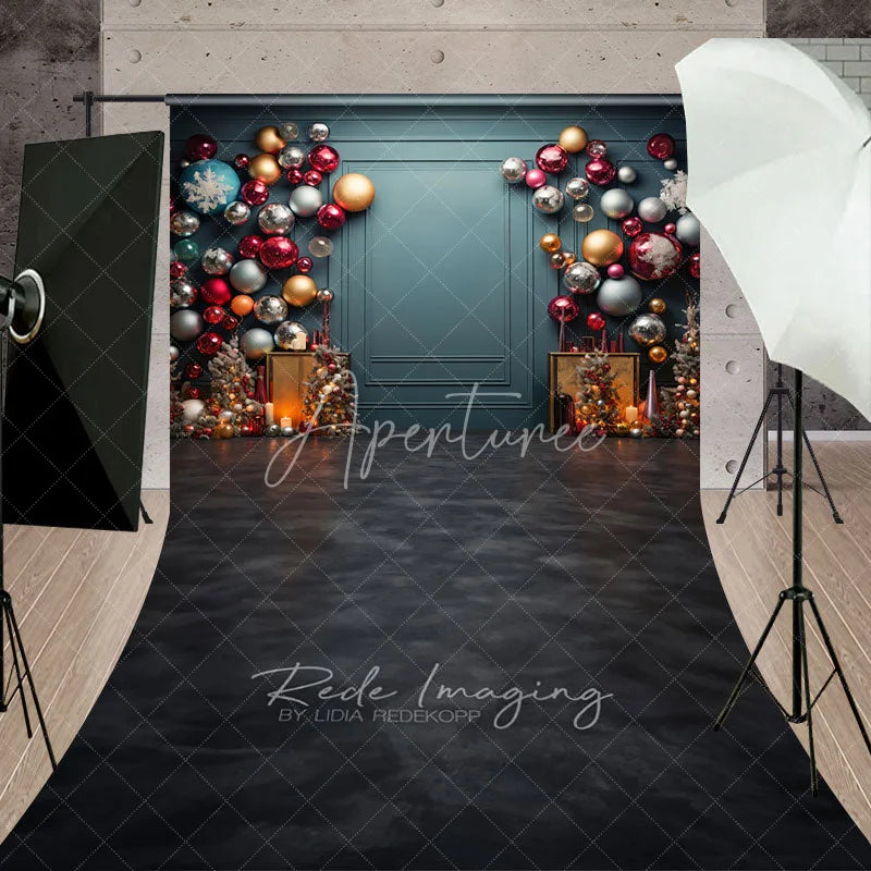 Aperturee - Aperturee Colorful Christmas Ornament Wall Sweep Backdrop Elegant Teal Background Modern Holiday Party Photo Floor Drop