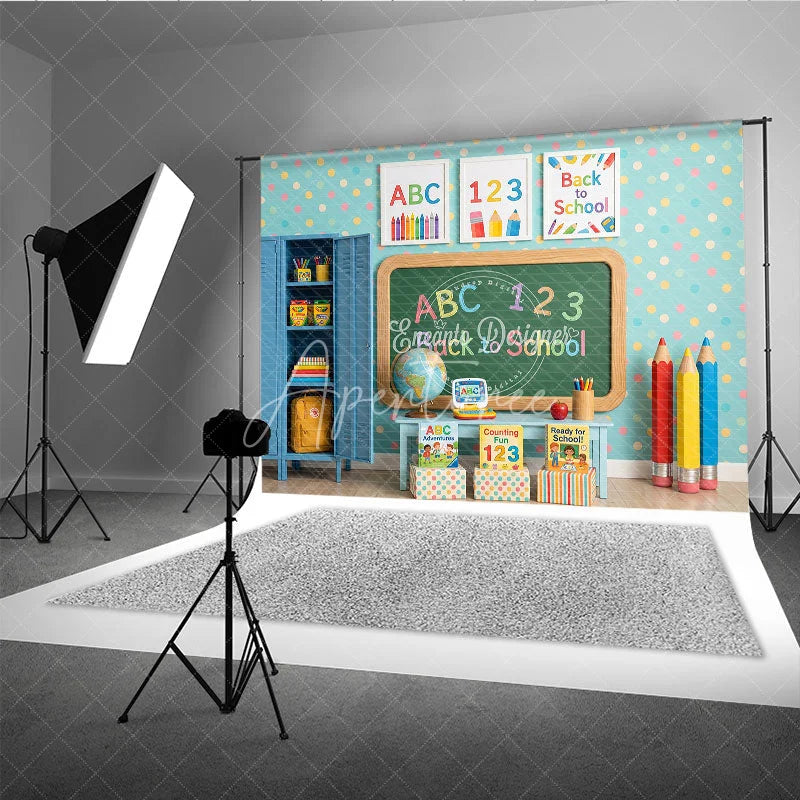Aperturee - Aperturee Colorful Classroom Back to School Photography Backdrop ABC 123 Chalkboard Polka Dot Wall and School Supplies for Kids