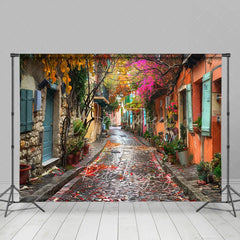 Aperturee - Aperturee Colorful Cobblestone Alley Backdrop European Street and Fallen Leaves Photography Background for Romantic Portrait