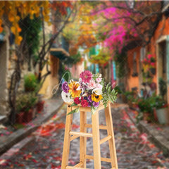 Aperturee - Aperturee Colorful Cobblestone Alley Backdrop European Street and Fallen Leaves Photography Background for Romantic Portrait