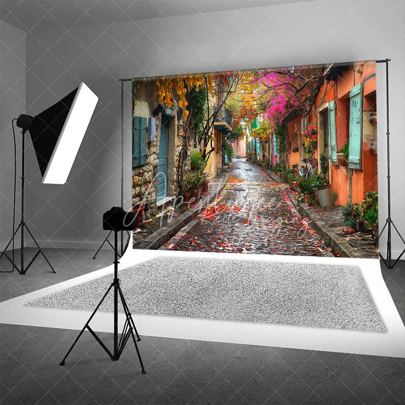 Aperturee - Aperturee Colorful Cobblestone Alley Backdrop European Street and Fallen Leaves Photography Background for Romantic Portrait