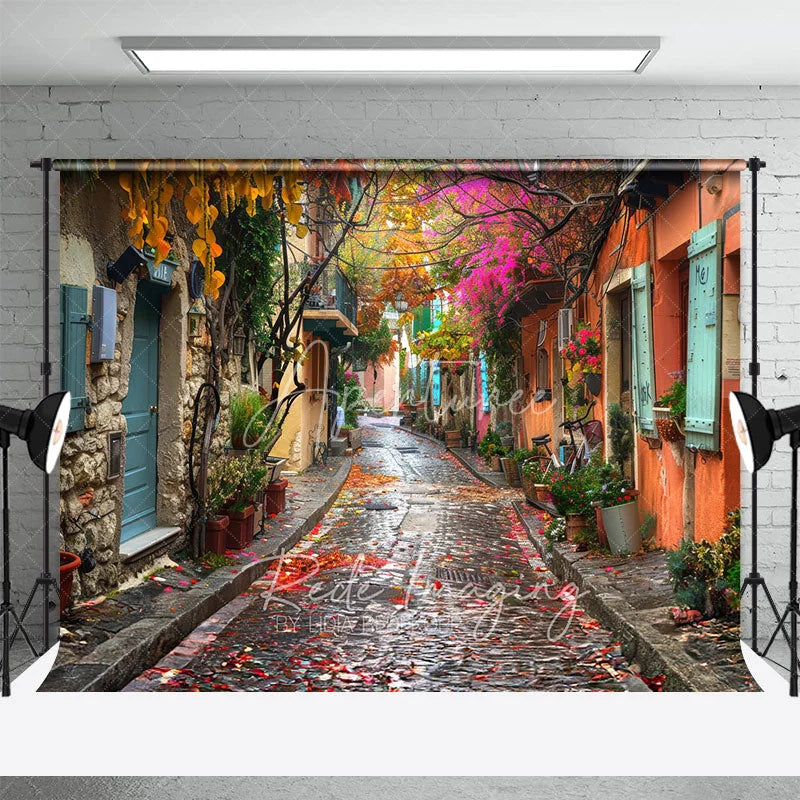 Aperturee - Aperturee Colorful Cobblestone Alley Backdrop European Street and Fallen Leaves Photography Background for Romantic Portrait