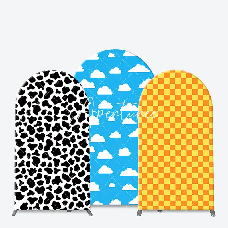 Aperturee - Aperturee Colorful Cow Print Blue Sky Cloud and Yellow Checkered Arch Backdrop Kit Kids Birthday Party Decor